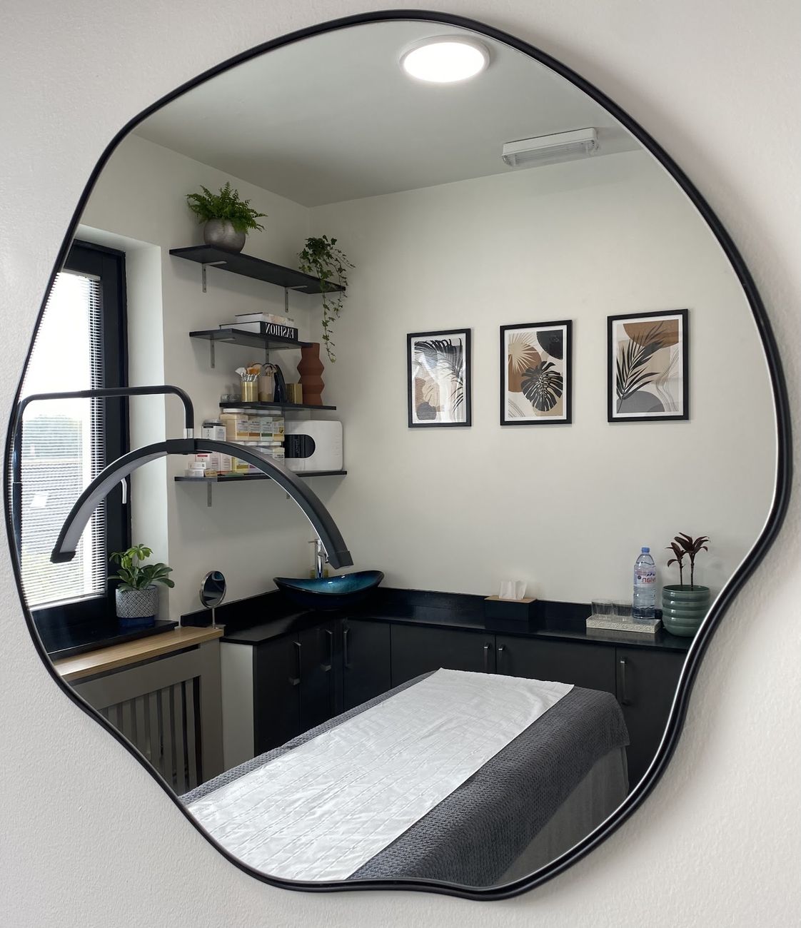 Inside Ela Aesthetic Studio — a calm treatment room with the studio's signature curved mirror, botanical prints and plants