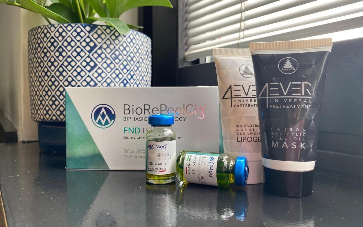 Professional skincare used at Ela Aesthetic Studio — BioRePeel, CMed and 4EVER treatment products